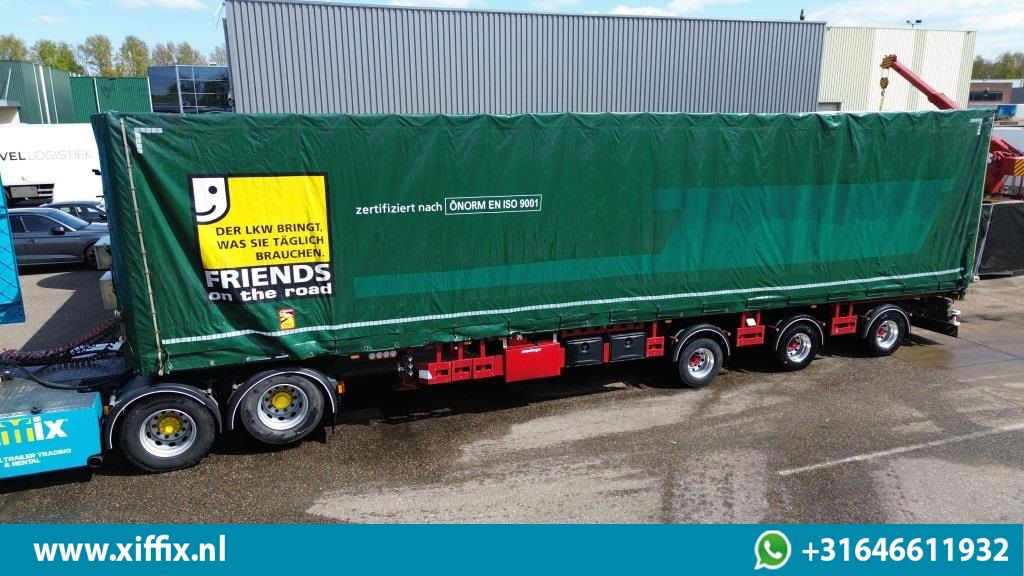 Meusburger TE Huur 3-ass. Vlakke dubbel 2x uitschuifbare oplegger met huifopbouw / 3x gestuurd - Dropside/ Flatbed semi-trailer: picture 2 Meusburger TE Huur 3-ass. Vlakke dubbel 2x uitschuifbare oplegger met huifopbouw / 3x gestuurd - Dropside/ Flatbed semi-trailer: picture 2