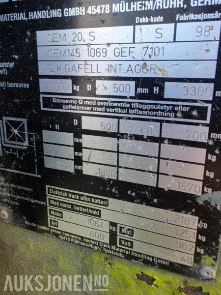 1998 Clark CEM 20 S Truck - MVA-FRI - INGEN MINSTEPRIS - Material handling equipment: picture 5 1998 Clark CEM 20 S Truck - MVA-FRI - INGEN MINSTEPRIS - Material handling equipment: picture 5