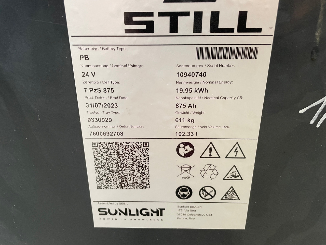 Sunlight 24V 7 PZS 875 - Battery for Material handling equipment: picture 2 Sunlight 24V 7 PZS 875 - Battery for Material handling equipment: picture 2