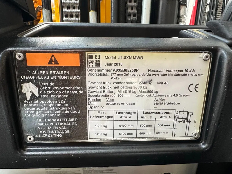 Hyster J1.8XN MWB 1.8 ton Triplex Freelift Sideshift Positioner Elektra Heftruck Accu 2023 - Electric forklift: picture 5 Hyster J1.8XN MWB 1.8 ton Triplex Freelift Sideshift Positioner Elektra Heftruck Accu 2023 - Electric forklift: picture 5