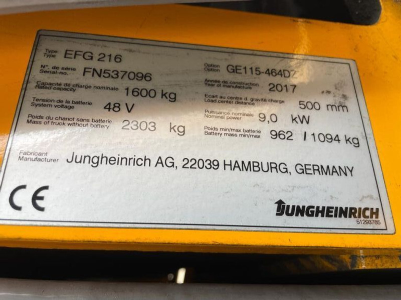 Electric forklift Jungheinrich EFG 216 Elektra 1.6 ton Triplex Freelift Sideshift Elektra Heftruck: picture 10